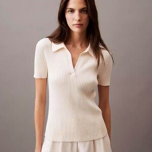 Calvin Klein Cream Ribbed Fitted Polo Tee